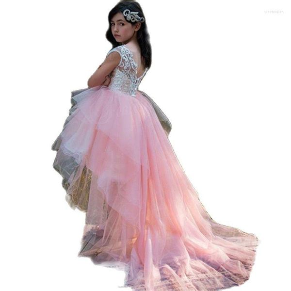Mädchenkleider Weiß Rosa High Low Blumenmädchenkleid für Hochzeiten Stufenröcke Spitze Kleine Kinder Erstkommunion Perlen Pageant Kleider