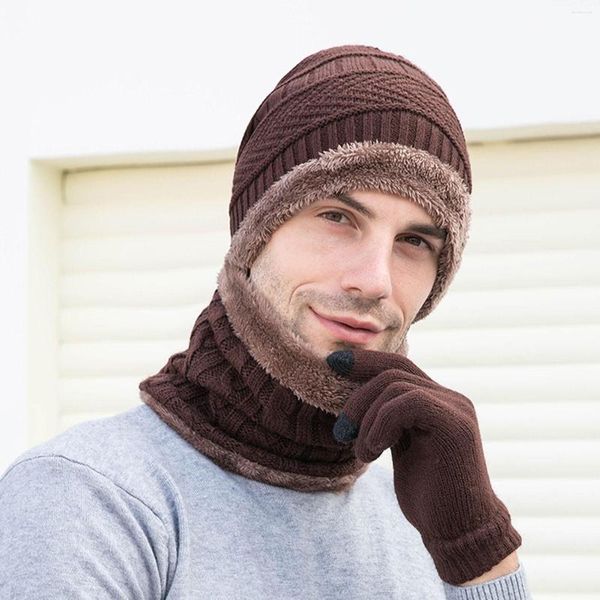 Baskenmützen bedecken den Kopf für Männer, gestrickt, winddicht, Fleece, Herren, Wintermütze, Handschuhe, Schal, dreiteilig, warm, Ohrenschützer, Damen