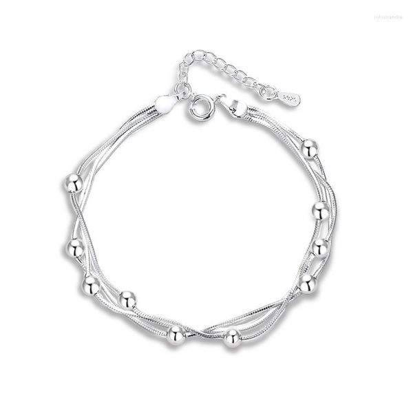 Link-Armbänder Sterling Silber Farbe für Frauen drei Etagen Ball Charm Handkette Orignal Modeschmuck mit Stempel