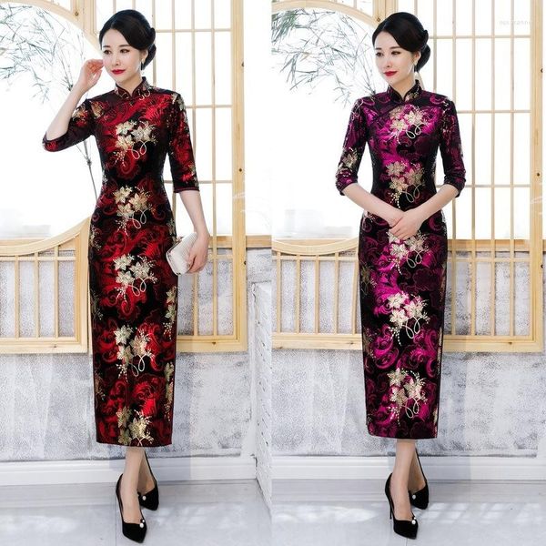 Ethnische Kleidung Herbst Winter Gold Samt Bronzing Lange Siebenviertelärmel Cheongsam Traditionelles tägliches Qipao-Kleid mittleren Alters