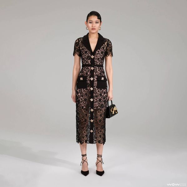 Sıradan Elbise Dantel Elbise Yakası Kısa Kol Kısa Kol Moda İnce Açık Placet Düğmesi Dekorasyon Hediye Kemeri 2023 İlkbahar ve Yaz YENİ S-XXL