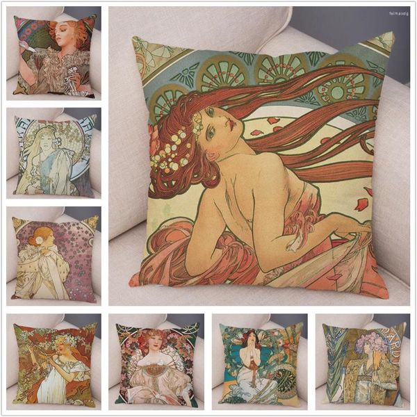 Cuscino Mucha Style Pretty Girl Vintage European Cover Decor Beautiful Girls Pattern Federa corta in peluche per copridivano