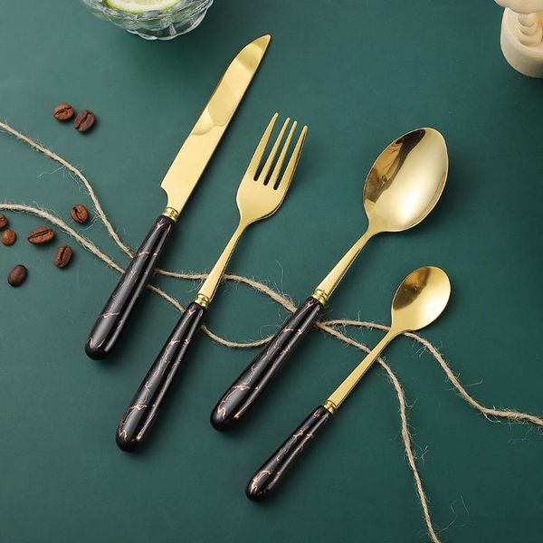 Geschirr Sets Schwarz Gold Besteck Set Keramik Griff Küche Geschirr Edelstahl Besteck Messer Gabel Löffel Abendessen