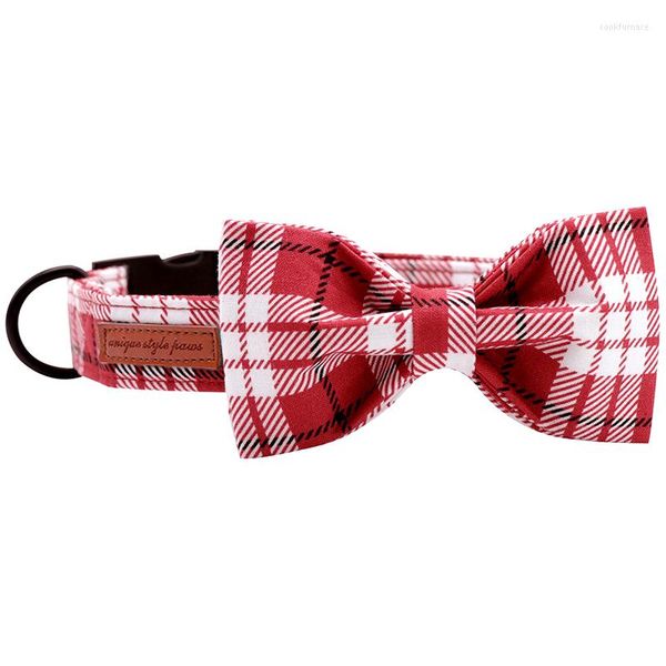 Collari per cani Collare e guinzaglio in tessuto di cotone scozzese rosso con papillon per accessori per animali domestici con fibbia in metallo grande