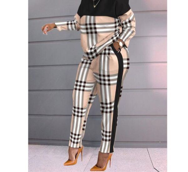 Primavera Inverno 2 pezzi Set Tute da jogging Donna girocollo Felpe con cappuccio Pantaloni Plaid Stampato Abbigliamento sportivo Abiti da donna Felpa con cappuccio Set Tute