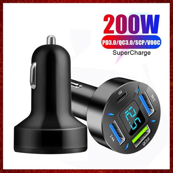 Caricabatterie per telefono USB da 200 W per dispositivo di ricarica rapida per auto 4.0 3.0 FCP SCP AFC PD 200 W per Huawei Xiaomi iPhone 12 Ricarica per auto Ricarica elettronica automobilistica Nave libera