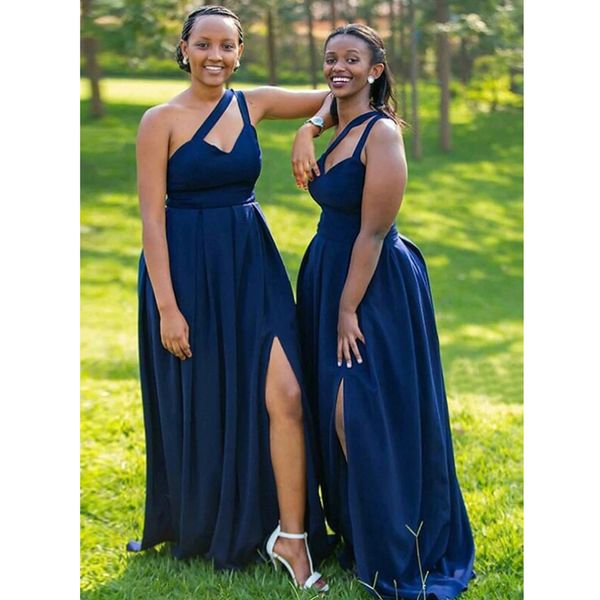 Royal Blue Satin Brautjungfernkleider Ausschnitt One Shoulder Side Slit Plus Size Langes Abendkleid Vestidos Afrikanisches Frauenkleid