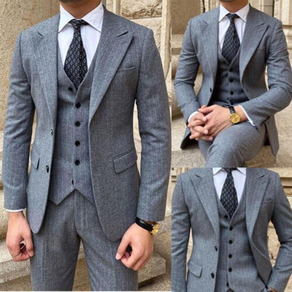 Ternos masculinos Grey Grey Pinstripe Terno Masculino Noivo Business Wood Blend Tuxedo Casamento Slim Fit Prom