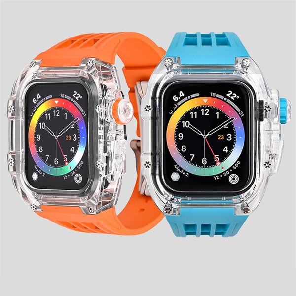 Hüllen Riemen Luxuriöses transparentes Gehäuse-Modifikationsset Silikonband für Apple Watch 8 7 6 SE 5 4 Fluorkautschuk-Uhrenarmband Passend für iWatch 45 mm 44 mm Armband