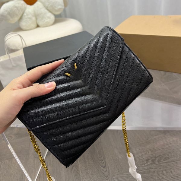 Kaviar-V-Streifen-Kettentasche Woc-Umschlagtaschen klassisches Rindsleder mit Goldketten-Handtasche Designer-Damen-Cross-Body-Luxus-Umhängetaschen Abend-Clutch-Geldbörse mit Box