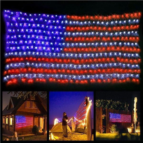 American Flag String Lights IP65 Su Geçirmez 420 LEDS Güneş Net Işık 8 Mod Uzaktan Kumanda Amerika Birleşik Devletleri Noel Dekorasyonları Festivali