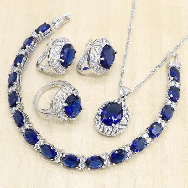 Halskette Ohrringe Set 925 Silber für Damen Blau Halbedelstein Creolen Anhänger Ringe Armband Hochzeitsgeschenk