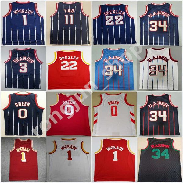 2022-23 Jersey de basquete Size S-xxl costurou e bordando Steve 3 Francis Clyde 22 Drexler Hakeem 34 Olajuwon Jalen 4 Camas de mensagens verdes