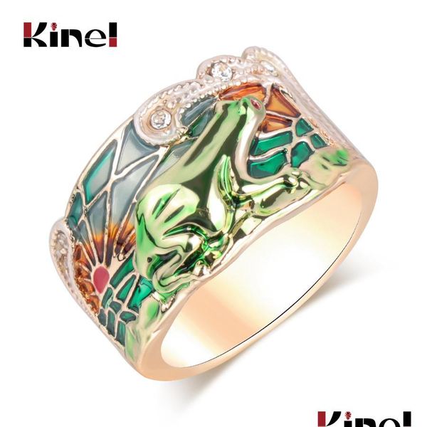 Bandringe Kinel Tier Schmuck Frosch Mode Grüne Emaille Breiter Ring Für Frau Party Kristall Gold Farbe Vintage Neue Drop Lieferung Dhggb