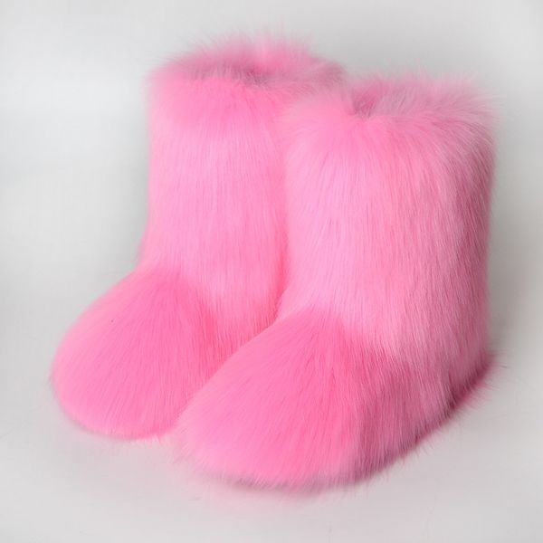 Botas de neve femininas Inverno Faux Fox Fur Botas Fluffy Girls 'Luxury Furs Bootes feminino