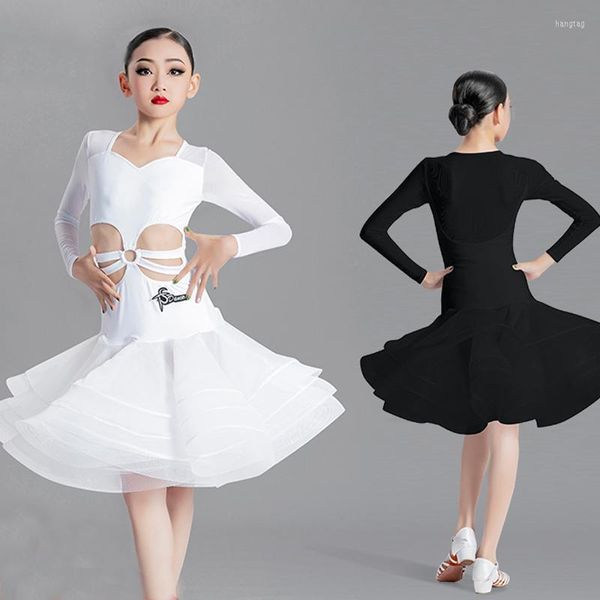 Girls' Latin Dance tutu dress - Black/White Long Sleeve Hollow Tutu Skirt Costume for Stage Performances (SL6224)