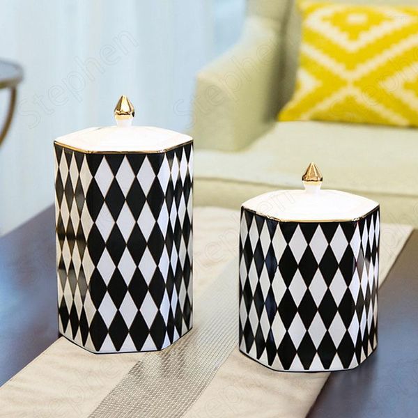 Garrafas de armazenamento Modern Rhombus Black e Branco Jarros de cerâmica com tampa Europeia Mesa de café clássica Jarra Decoração da sala de estar Ornamento