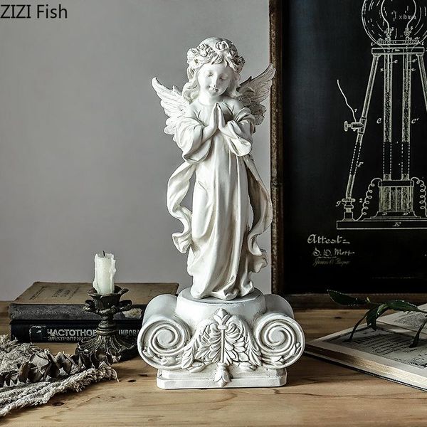 Estatuetas decorativas estátua de anjo de resina branca retro europeia com artesanato de gesso base ornamentos de mesa de café decoração de mesa rústica casa