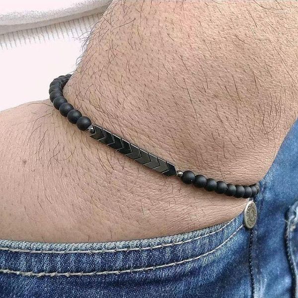 Strand Vintage Handmade Stone Arrow Bracelet Men Classic 6mm Black Matte Bead for Jewelry Gift