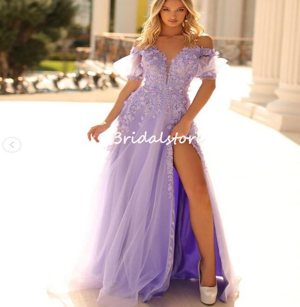 Wunderschöne lila Ballkleider mit Blumen, sexy, hochgeschlitztes A-Linien-Abendkleid, kurzärmeliges Tüll, formelles Geburtstagsparty-Kleid, Vestidos de Fiesta, Abschlusskleid