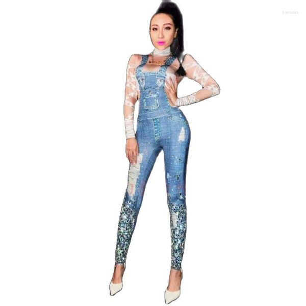 Bühnenkleidung Frauen Jeans Strass Overall Sexy 3D Denim Gedruckt Kostüm Damen Party Pailletten Body Strampler Weibliches Abschlussball-Outfit