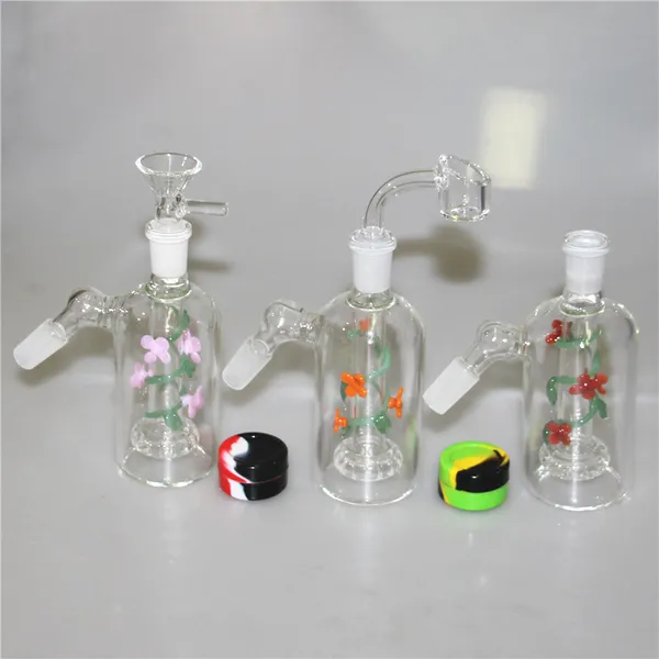 45 90 Grad Glas-Aschefänger mit Quarz-Banger, Silikon-Behälter, Reclaimer, 14 mm, männlich, weiblich, Bubbler, Mini-Glas-Perkolator, Bong, Wasserpfeife