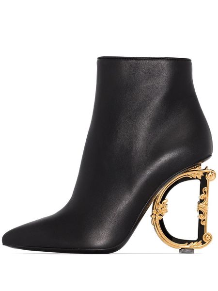 Botas de tornozelo Keira de luxo da moda de inverno Mulheres Nappa Couro Pop Dedo do pé arredondado Botas de metal douradas Salto barroco Lady Fashion Booty tamanho grande EU35-43