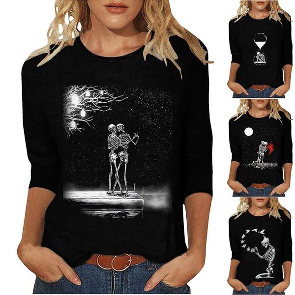 Magliette da donna Camicia da donna T-shirt con stampa scheletro di teschio Manica lunga Fine settimana di Halloween Camicetta con disegno regolare girocollo basic