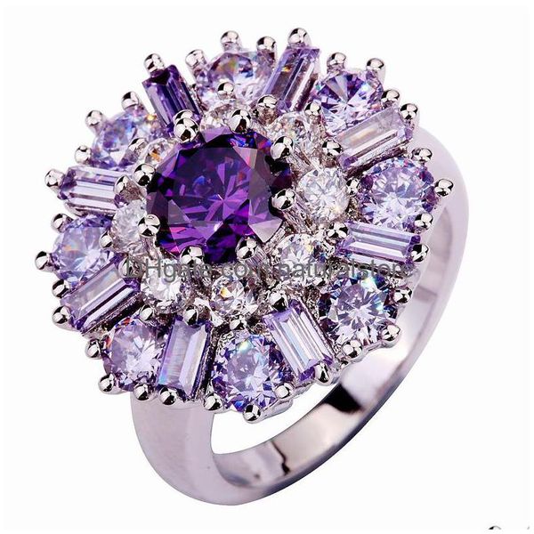 Anelli a fascia all'ingrosso Charms squisiti Anello fiore Tormalina viola Bianco Cz Sier 925 Taglia 7 8 9 10 11 12 Gioielli donna seducente Dro Dhcil