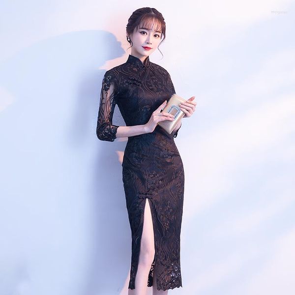 Abbigliamento etnico 2022 Abito da sposa cinese nero Abito da donna lungo a maniche corte Cheongsam Slim tradizionale da donna Qipao per la festa