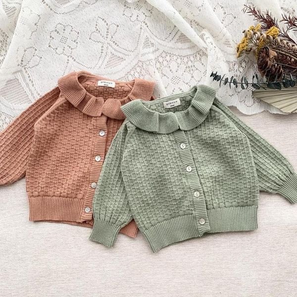 Ceketler Sonbahar Kız Knicardigan 1-5y Bebek Kız Örme Sweaters Fırfırlar Yakalar Düz Renk Hırka Katlar Koreli Tarz Çocuk Sweater
