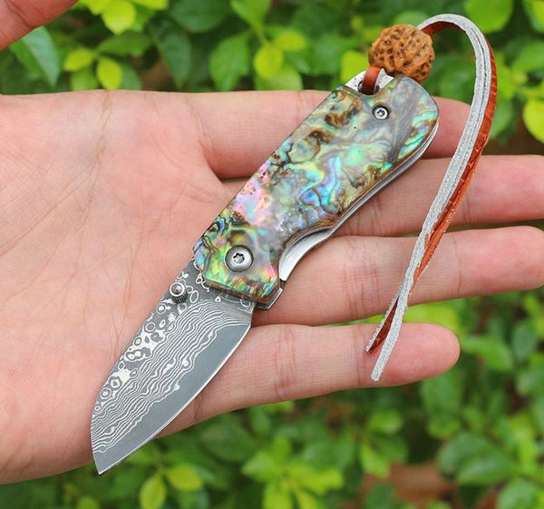 Faca dobrável de bolso VG10 Damasco lâmina de aço abalone Casca de aço inoxidável EDC Mini pequenas facas presentes com bolsa de nylon