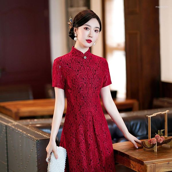 Abbigliamento etnico Migliorato Slim A-Line Abito da sposa in stile cinese Elegante 2022 Rosso manica corta Qipao Abiti in pizzo Cheongsam Abiti retrò