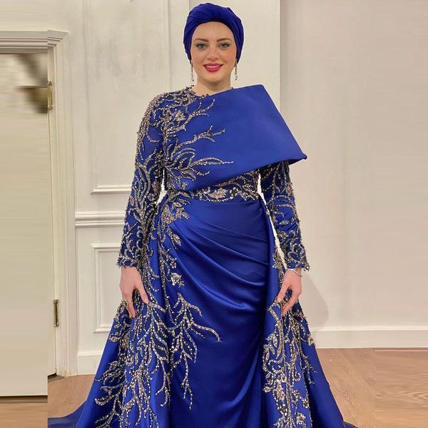 Königsblaue muslimische Abendkleider mit Perlenstickerei, formelles Kleid, abnehmbarer Zug, Satin, Vestidos De Fiesta 326 326