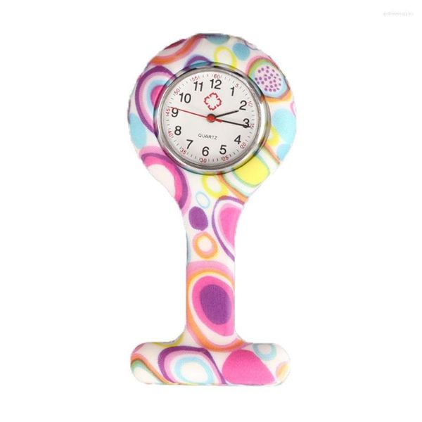 Orologi da tasca Mini regalo con clip tunica quadrante rotondo Orologio in silicone con motivi colorati Spilla per personale impermeabile carino accurato