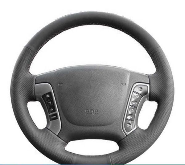 Tampa de tran￧a de volante personalizada Caso de costura manual Anti-deslizamento preto Cazeiro para Hyundai Santa Fe 2006-2012 Acess￳rios para carros