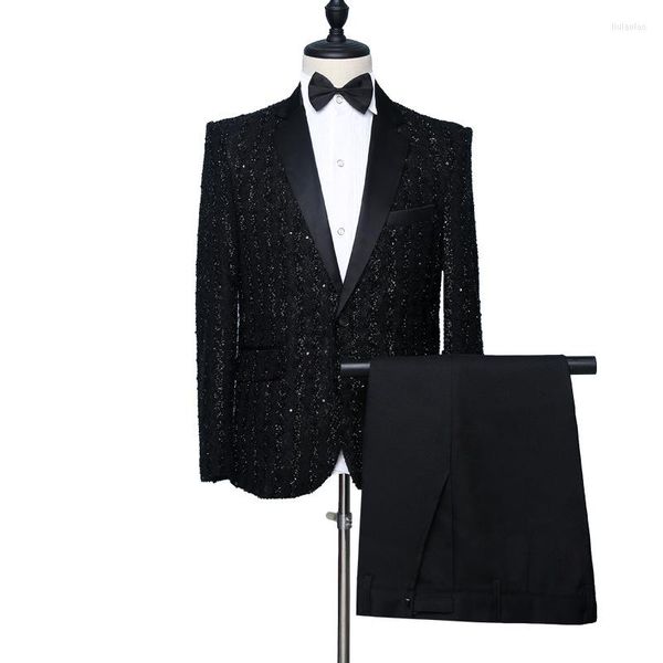 Ternos masculinos elegantes lantejoulas pretas Blazer Prom Banquet Tuxedos Wedding no noivo do noivo masculino