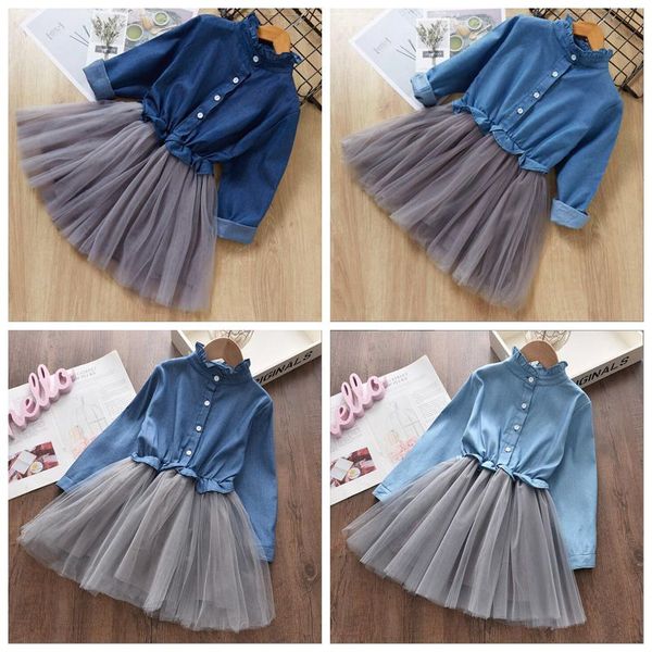 Abiti da ragazza Jeans in denim Abiti di garza Abiti firmati per bambini Adolescenti Principessa Tulle Abito a rete Baby Festa di compleanno di Natale Abbigliamento elegante a maniche lunghe BC208