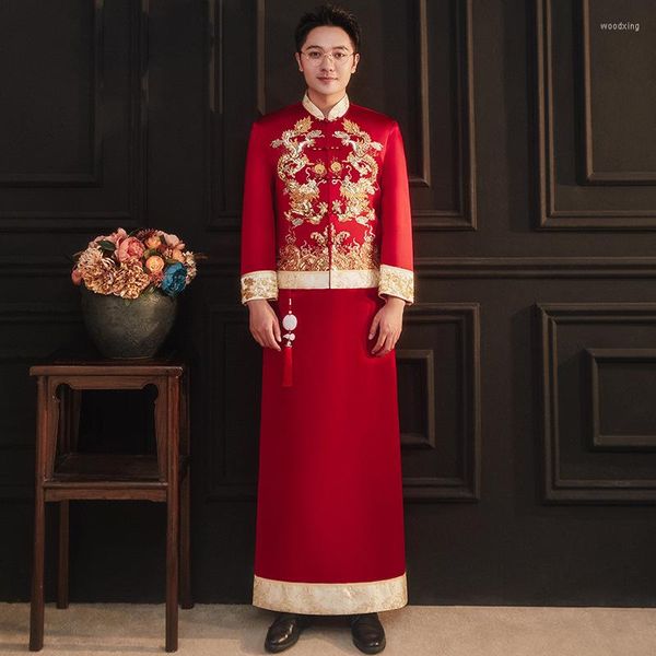 Roupa étnica Noivo Dragão Vermelho Lantejoulas Miçangas Bordados Qipao Vestidos de Noiva Terno Tang Hanfu Estilo Tradicional Chinês