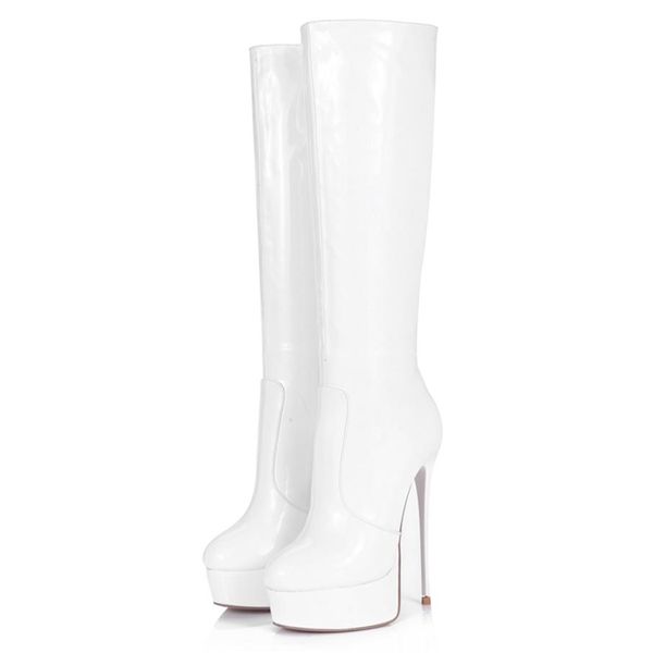 Tam ayak parmağı platformu ve 16cm yüksekliğinde İtalyan Tasarım Handmad323W olan kadınlar için bütün seksi modaya uygun beyaz parlak patent pu diz botları