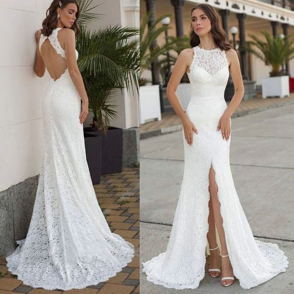Elegant Full Spitzenapplikation Halfer Mermaid Hochzeitskleid 2022 Custom sexy vordere Schlitz Rückenfreies Brautkleid