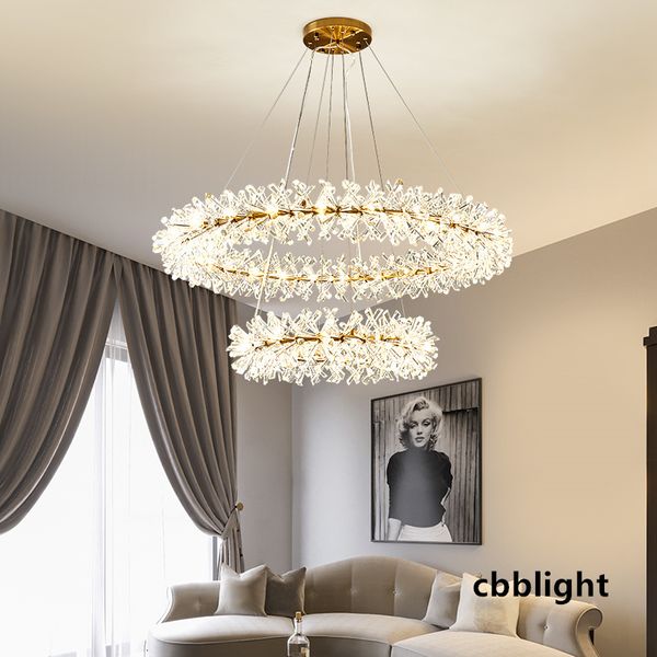 Lampadario moderno in cristallo a forma di fiore Lampada a sospensione Lampadari a LED di lusso per soggiorno 60 80 100cm Anelli a sospensione a sospensione Illuminazione a soffitto LRG012