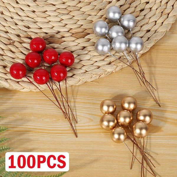 Dekorative Blumen, 100 Stück, künstliche Beeren, Gold, Silber, rote Kirsche, Staubblätter, Mini-Fake-Perlenperlen für DIY-Weihnachtsfeier, Basteldekoration