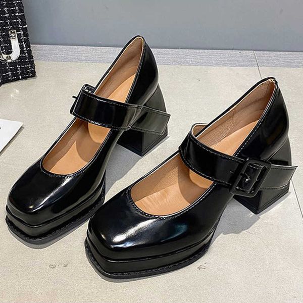 Kleidschuhe Rimocy Square Toe High Heels Mary Janes für Frauen Mode Knöchelriemen Plateau Pumps Damen Pu Leder Dicker Absatz Goth 221213