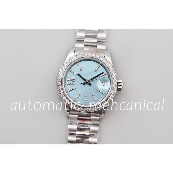 Fashion Womens Watch 28mm Ice Blue Dial Datejust Ref.279136 Diamond Bezel Top-Quality White Gold Stainless Steel Band Automatic Lady Orologio da polso Regalo