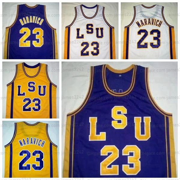 Maglie da basket personalizzate Pete Maravich # 23 Lsu Bianco Giallo Viola Tigers College Retro Jersey Taglia uomo Ed Qualsiasi nome numerico