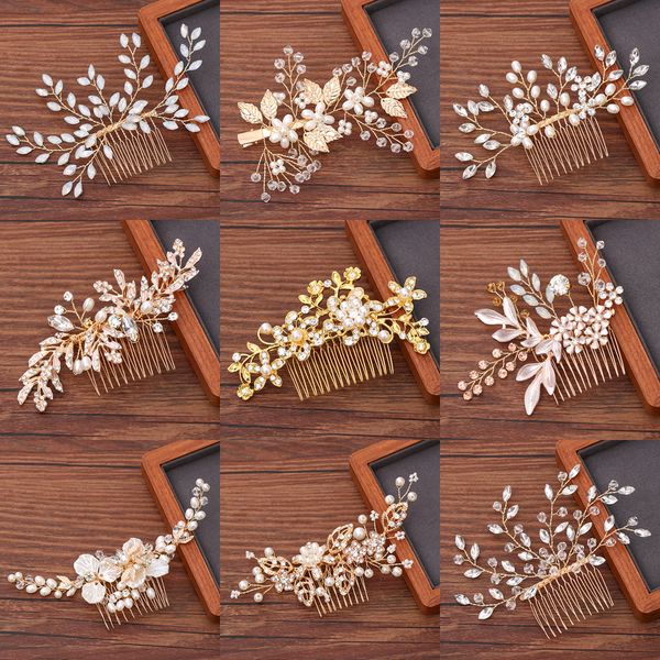 Pettine per capelli da donna Gioielli Accessori per capelli da sposa Perle di strass Pettine da sposa Gioielli Pettine in oro chiaro Copricapo