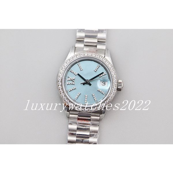 Orologio da donna di moda di lusso 28mm Quadrante blu ghiaccio Ghiera con diamanti Ref.279136 Cinturino in acciaio inossidabile oro bianco di alta qualità Orologio da polso automatico da donna regalo