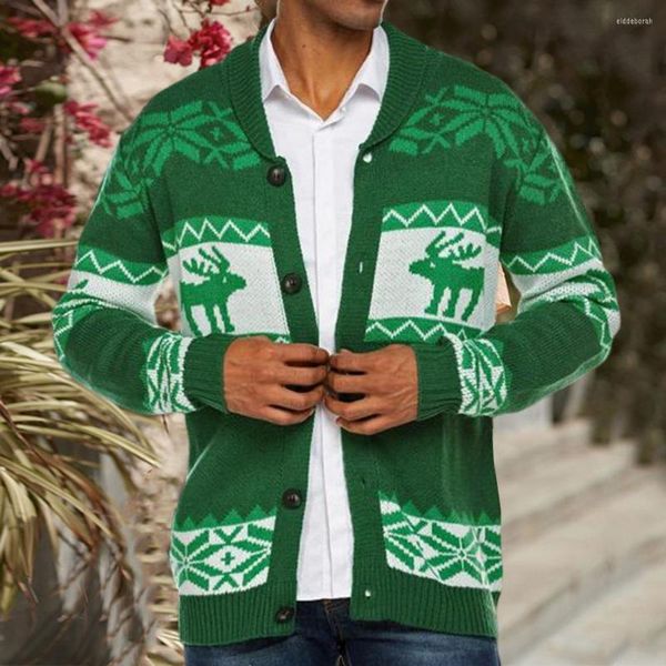 Maglioni da uomo Maglione invernale Cappotto da uomo Maniche lunghe monopetto Cardigan caldo morbido Alce Fiocco di neve Stampa Natale Per l'uso quotidiano