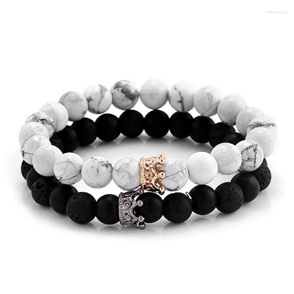 Strang 2 Stück Trendy Schwarz Weiß Stein Perlen Armbänder Männer Mit Gold Silber Farbe Legierung Krone Armband Für Frauen Paar armreifen Schmuck